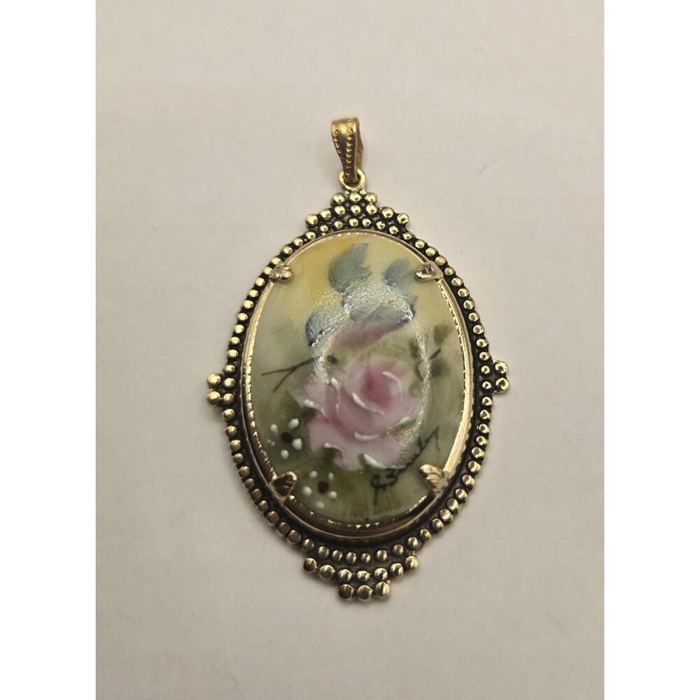 vintage Hand Painted Blue Bird Pink Rose Flower Signed Oval Pendant